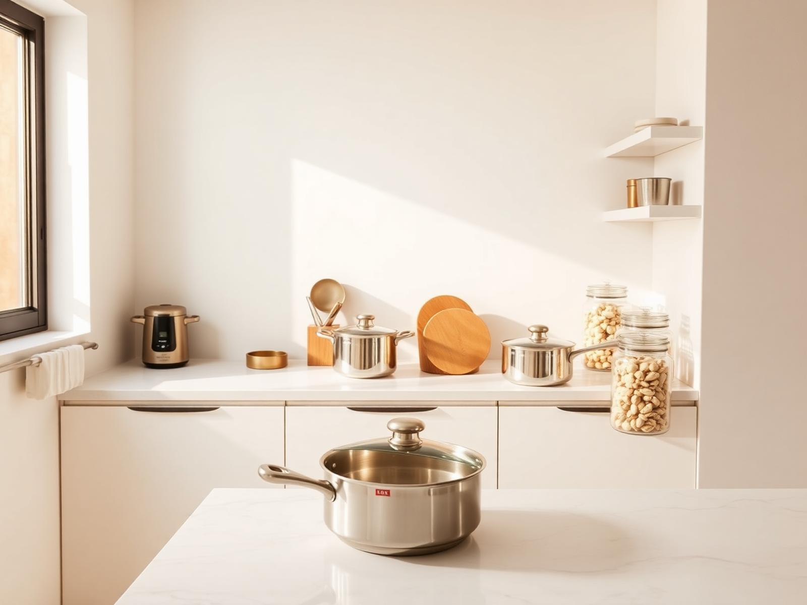 Bright modern Indian kitchen with premium cookware and glass storage jars